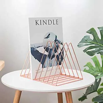 Files Folder Stand Desktop File Organizer, Triangle Wire Magazine Holder Book Shelf, 9 Slot File Sorter Eye-catching Decoration for Indoor Office Home, Photography props, Fashion in INS (Rose Gold)