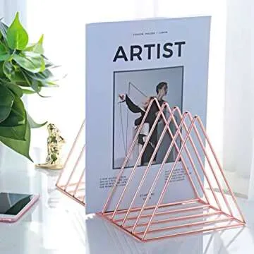 Files Folder Stand Desktop File Organizer, Triangle Wire Magazine Holder Book Shelf, 9 Slot File Sorter Eye-catching Decoration for Indoor Office Home, Photography props, Fashion in INS (Rose Gold)