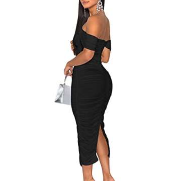 HOCILLE Women's Sexy Ruched Bodycon Strapless Off Shoulder Midi Club Party Tube Dresses, X-Large, Black