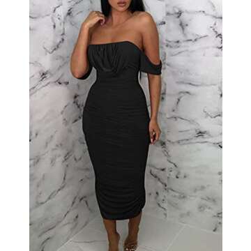 HOCILLE Women's Sexy Ruched Bodycon Strapless Off Shoulder Midi Club Party Tube Dresses, X-Large, Black