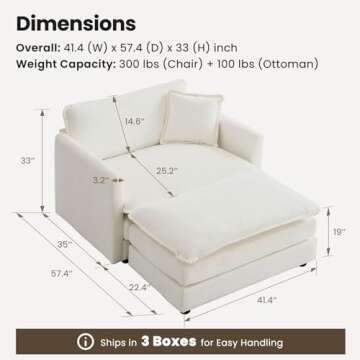 Miscoos Chenille Oversized Chair with Ottoman - 41.4”W Big Comfy Accent Chair and Ottoman Set, Lounge Chair for Living Room, Bedroom, Kids Room, Reading Nook, Family Room, Ivory Cream