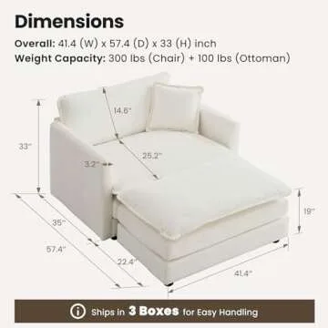 Miscoos Chenille Oversized Chair with Ottoman - 41.4”W Big Comfy Accent Chair and Ottoman Set, Lounge Chair for Living Room, Bedroom, Kids Room, Reading Nook, Family Room, Ivory Cream