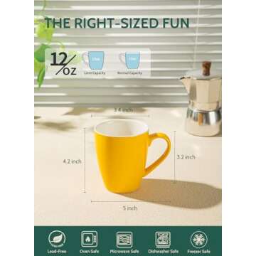 Sweese Porcelain Mugs - 12 Ounce for Coffee, Tea, Mocha and Mulled Drinks - Set of 6, Hot Assorted Colors