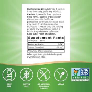 Nature's Way Cayenne Pepper, Traditional Digestion and Circulation Support*, Naturally-occurring Capsaicin, Non-GMO Project Verified, Gluten Free, 180 Vegetarian Capsules (Packaging May Vary)