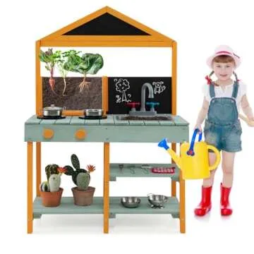 HONEY JOY Mud Kitchen, Fir Wood Outdoor Play Kitchen for Toddlers, Transparent Root Viewer Planter, Realistic Faucet & Sink, Stoves, Chalkboard, Storage Shelf, Mud Kitchen for Kids Outdoor Backyard