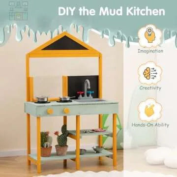 HONEY JOY Mud Kitchen, Fir Wood Outdoor Play Kitchen for Toddlers, Transparent Root Viewer Planter, Realistic Faucet & Sink, Stoves, Chalkboard, Storage Shelf, Mud Kitchen for Kids Outdoor Backyard