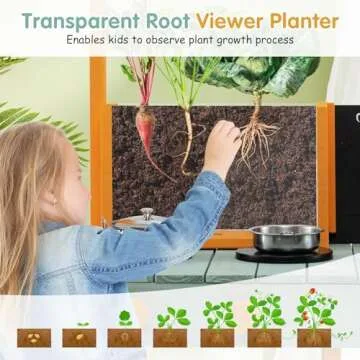 HONEY JOY Mud Kitchen, Fir Wood Outdoor Play Kitchen for Toddlers, Transparent Root Viewer Planter, Realistic Faucet & Sink, Stoves, Chalkboard, Storage Shelf, Mud Kitchen for Kids Outdoor Backyard