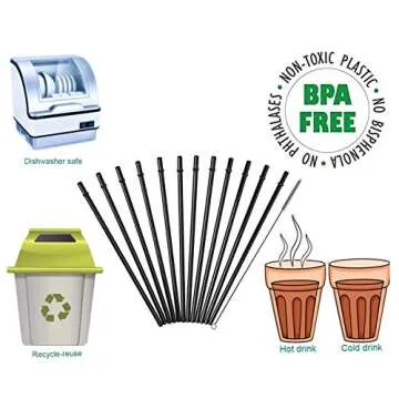 DAKOUFISH 9 Inch Black Reusable Plastic Replacement Drinking Straws for 16 oz 20 oz Mason Jar,Tumblers, Set of 12 Pcs Straws with Cleaning Brush (9inch,Black)