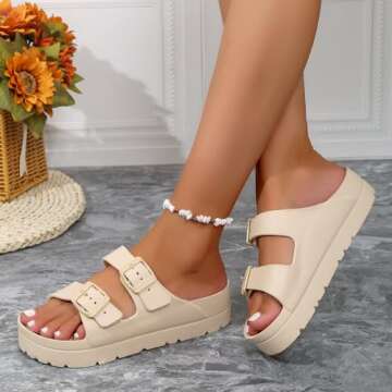 L LOUBIT Women Cloud Slides with Arch Support Pillow Soft Adjustable Buckle Platform Sandals Lightweight Summer Beach Slippers Non-Slip Shower Shoes Khaki 37