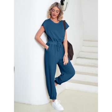 Glamaker Women's Casual Sleeveless One Piece Jumpsuits Loose Open Back Workout Onesie Summer Outfits With Pockets(Dark Blue M)