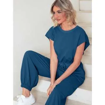 Glamaker Women's Casual Sleeveless One Piece Jumpsuits Loose Open Back Workout Onesie Summer Outfits With Pockets(Dark Blue M)