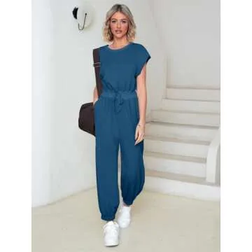 Glamaker Women's Casual Sleeveless One Piece Jumpsuits Loose Open Back Workout Onesie Summer Outfits With Pockets(Dark Blue M)