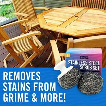 Stainless Steel Scrubber Set, Marine Grade Steel Wool Scouring Pads with Brush Handle, Heavy Duty Cleaning Supplies for Kitchen, Dishes, Teak Wood, Outdoor Furniture, and Metal Tough Cleaning Tasks