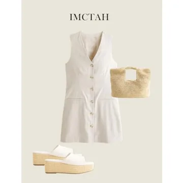 IMCTAH Womens Cotton Linen Vest Mini Dress Summer Fashion