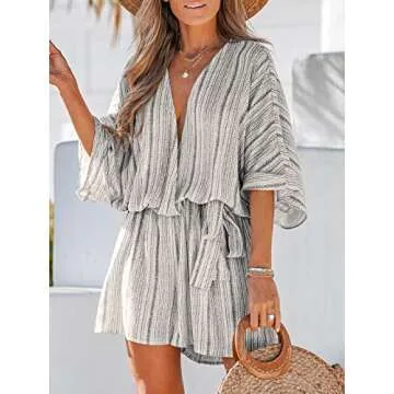 CUPSHE Summer Women Belted Striped Romper Deep V Neck Dolman Sleeves Jumpsuit Wide Leg Jumpsuits,M