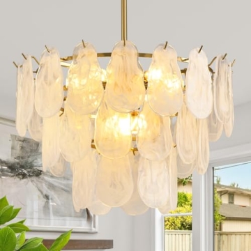 KELUOLY Modern Gold Chandelier Lighting - 9-Light Glass Pendant for Dining Room