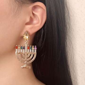 Hanukkah Menorah Dangle Earrings for Women Rhinestone Beaded Jewish Star of David Menorah Candle Ear...