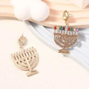 Hanukkah Menorah Dangle Earrings for Women Rhinestone Beaded Jewish Star of David Menorah Candle Earrings Christmas Hanukkah Chanukah Holiday Jewelry Gifts-B