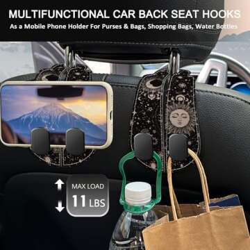Blusabaca 2PCS Car Seat Back Storage Headrest Hooks, Sun and Moon Purse Holder Bags Hanger, PU Leather Double Metal Hook for Backseat Organizer, Women Car Accessories Organization