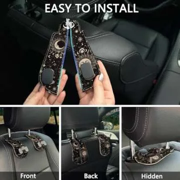 Blusabaca 2PCS Car Seat Back Storage Headrest Hooks, Sun and Moon Purse Holder Bags Hanger, PU Leather Double Metal Hook for Backseat Organizer, Women Car Accessories Organization