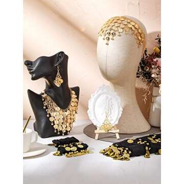Hinly Gypsy Costume Women Belly Dancer Jewelry Hip Scarf with Coin, Gypsy Headpiece Gold Necklace Earrings Bracelets(null)