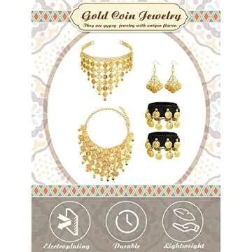 Hinly Gypsy Costume Women Belly Dancer Jewelry Hip Scarf with Coin, Gypsy Headpiece Gold Necklace Earrings Bracelets(null)