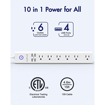 15 Ft Power Strip with USB and Surge Protection