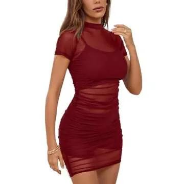 Rooscier Women's Mesh Dress Short Sleeve Bodycon 3 Piece Outfits with Cami Shorts Solid Wine Red Small
