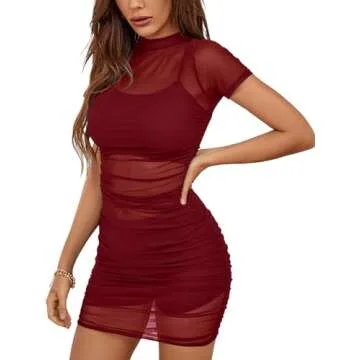 Rooscier Women's Mesh Dress Short Sleeve Bodycon 3 Piece Outfits with Cami Shorts Solid Wine Red Small