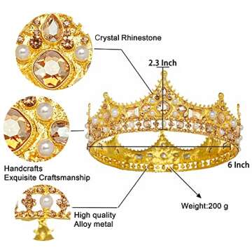 Gold King Crown for Men, Prince Birthday Crowns for Men Boys Cosplay Royal Crown Prom Halloween