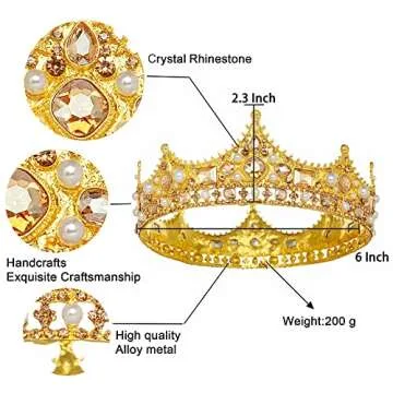 Gold King Crown for Men, Prince Birthday Crowns for Men Boys Cosplay Royal Crown Prom Halloween