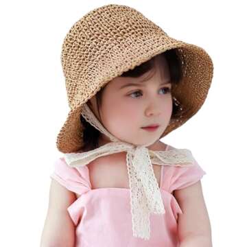 Hvididan Baby Straw Hat, Baby Girls Bucket Sun Hat with Lace Drawstring, Sun Bonnet for Baby Girls Infant, Khaki 6-24 Months