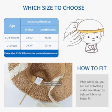 Hvididan Baby Straw Hat, Baby Girls Bucket Sun Hat with Lace Drawstring, Sun Bonnet for Baby Girls Infant, Khaki 6-24 Months