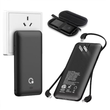 Q 10000mAh Slim Power Bank with Built-in AC Plug & 3 Cables - Universal Charger