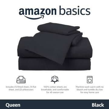 Amazon Basics 4 Piece Bed Sheet Set, 100% Cotton Jersey, Includes Super Soft, Flat and Fitted Sheets, Pillowcase, Queen, Black, Solid