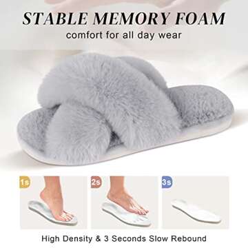 Parlovable Women's Fuzzy Slippers Comfy Cross Band House Shoes Memory Foam Open Toe Indoor Gifts for Ladies Grey 5-6