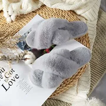 Parlovable Women's Fuzzy Slippers Comfy Cross Band House Shoes Memory Foam Open Toe Indoor Gifts for Ladies Grey 5-6
