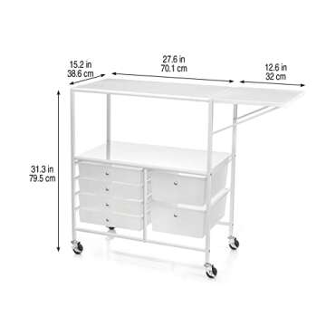 Essex Drawers & Rolling Storage Cart with Tray and Extandable Table by Simply Tidy - Organize Art and Craft Supplies, White