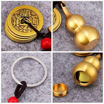 Hotop 3 Pcs Chinese Gourd Feng Shui Brass Wu Lou Keychains with five Coins Calabash Pendant Key Ring...