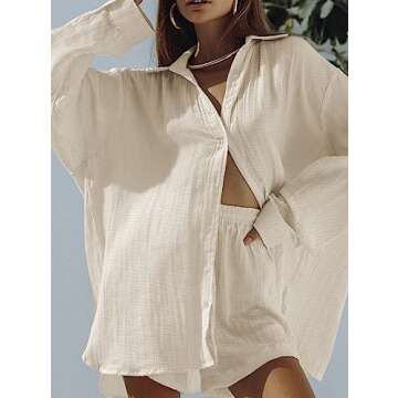 Fixmatti Women 2 Piece Shorts Set Summer Outfit Long Sleeve Button Down Shirts and Shorts Sweatsuit Sets Apricot M