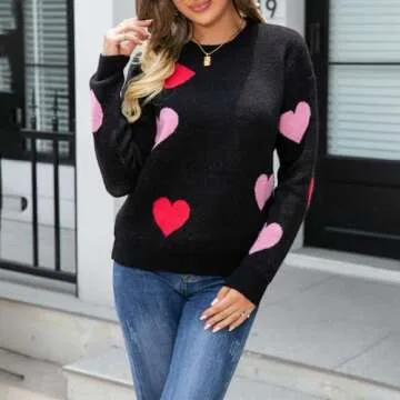 Women's Cute Heart Sweater Love Print Valentines Day Knitted Top Casual Crewneck Long Sleeve Sweaters Pullover