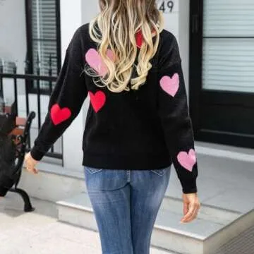 Women's Cute Heart Sweater Love Print Valentines Day Knitted Top Casual Crewneck Long Sleeve Sweaters Pullover