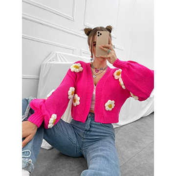 MakeMeChic Women's Floral Applique Cropped Sweater