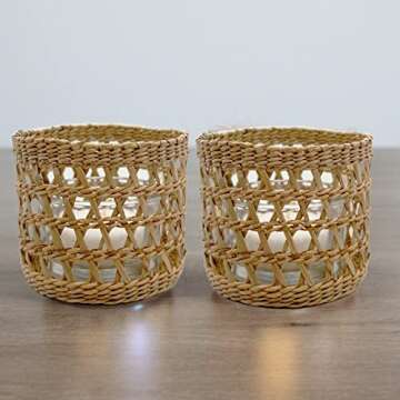 Natural Rattan Woven Tea Light Candle Holder, Decorative Rustic Vintage Seagrass Votive Candle Holde...