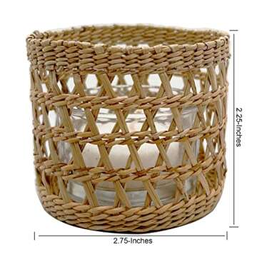 Natural Rattan Woven Tea Light Candle Holder, Decorative Rustic Vintage Seagrass Votive Candle Holders for Dining Table Kitchen Decor Serving Tray, Pack 2