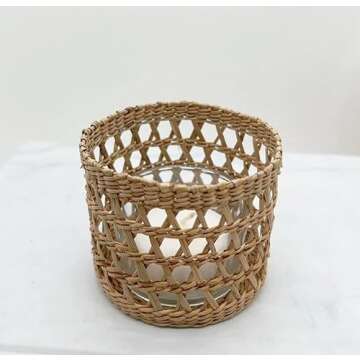 Natural Rattan Woven Tea Light Candle Holder, Decorative Rustic Vintage Seagrass Votive Candle Holders for Dining Table Kitchen Decor Serving Tray, Pack 2