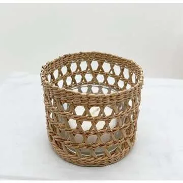 Natural Rattan Woven Tea Light Candle Holder, Decorative Rustic Vintage Seagrass Votive Candle Holders for Dining Table Kitchen Decor Serving Tray, Pack 2