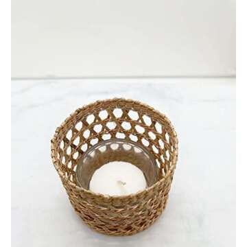 Natural Rattan Woven Tea Light Candle Holder, Decorative Rustic Vintage Seagrass Votive Candle Holders for Dining Table Kitchen Decor Serving Tray, Pack 2
