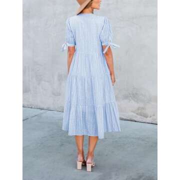 Theenkoln Stylish Casual Midi Dress for Women - Light Blue Gingham