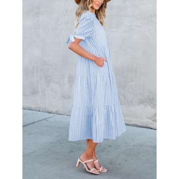 Theenkoln Stylish Casual Midi Dress for Women - Light Blue Gingham